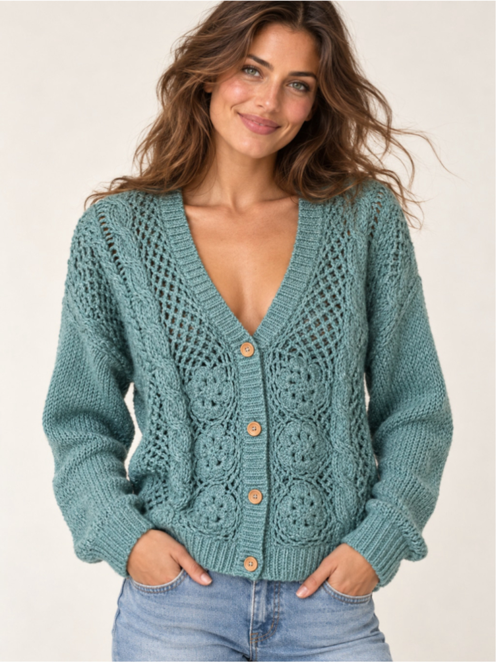 Vintage Colleen's Collectables Teal Knit Cardigan Sweater Cottagecore Romantic M